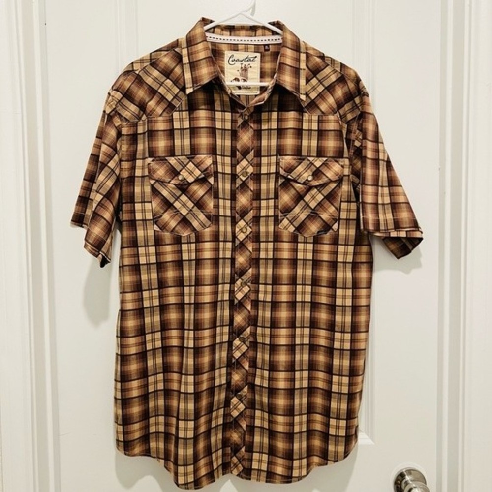 Coastal Brown Plaid Western Short Sleeve Button Up Shirt Pearl Snap Men's Sz XL